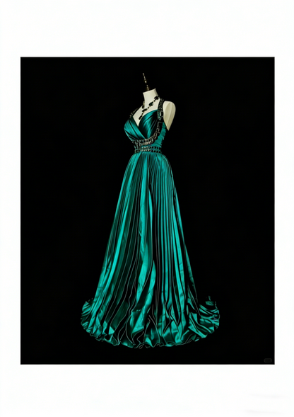 Robe de bal vintage années 70, coupe trapèze, dos nu, en satin vert à volants et perles, sans manches, longue, N1479