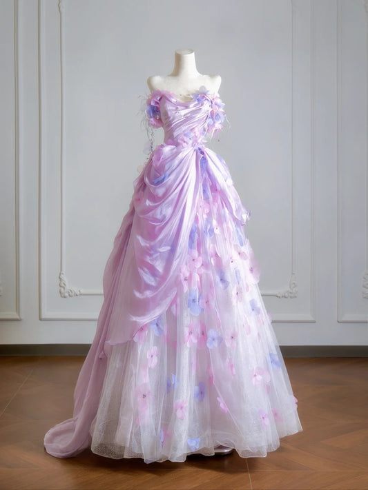 Zeitloses, trägerloses Ballkleid aus lila Tüll mit Blumenmuster – Inspiration für festliche Anlässe (N399)