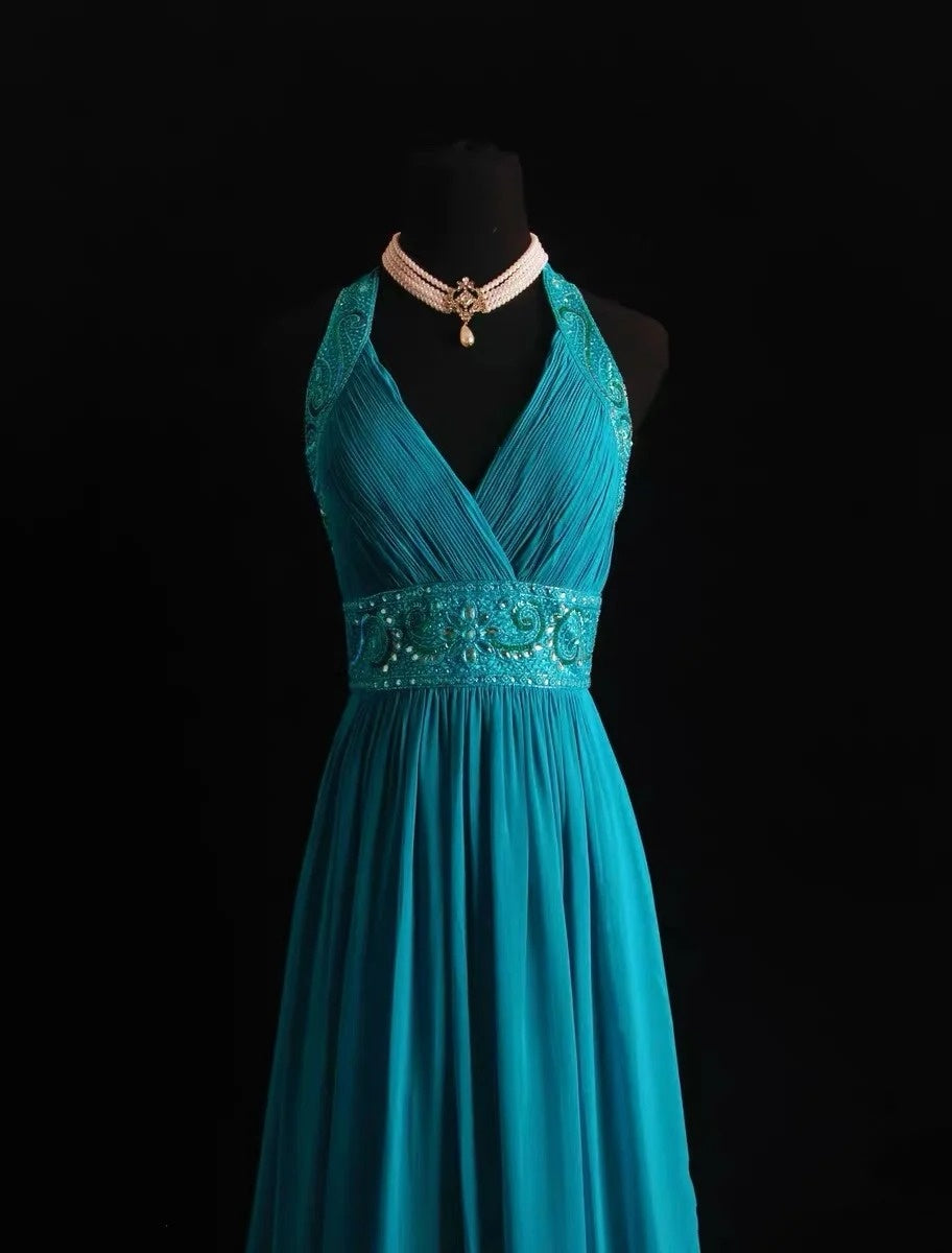 Vintage A line Halter Blue Chiffon Sleeveless Summer Formal For Women Girls Teens Prom Dresses N2245