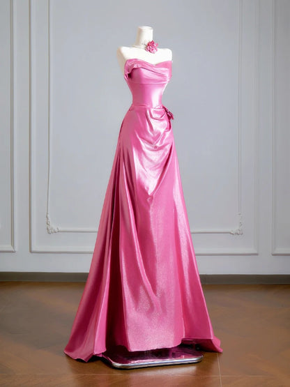 Robe de bal longue rose intemporelle, bustier et froncée, coupe trapèze. Inspiration robe de soirée, robe de bal N305