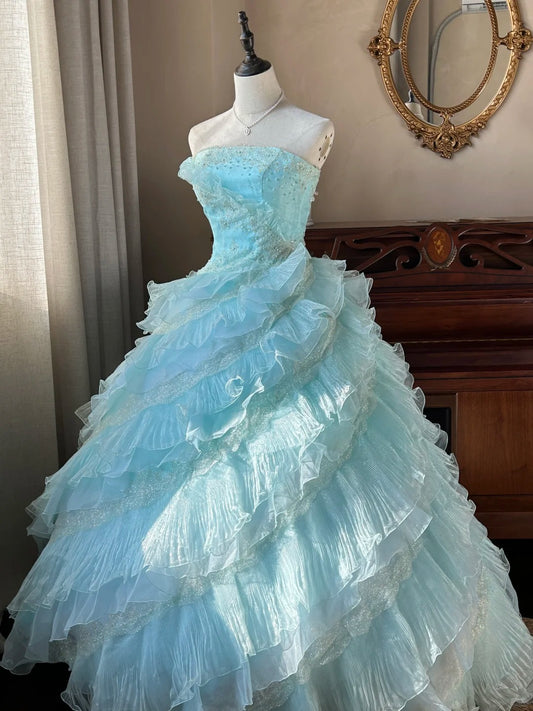Cute  Ball Gown Strapless Light Blue With Layers Tiered Sweet 16 Dresses Long 15 Vestidos De Fiesta N2268