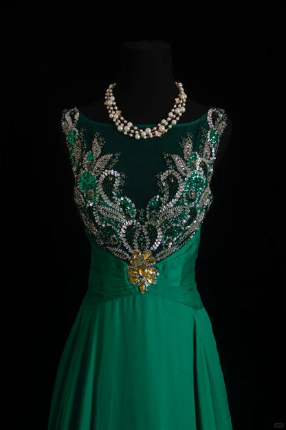 Vintage Prom Dresses 80s A Line Scoop Dark Green Chiffon Long With Silver Beading Evening Formal Outfits RB5132