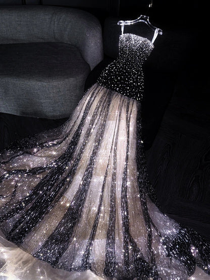 Prinzessin Meerjungfrauen-Abendkleid, trägerlos, schwarz, paillettenbesetzt, lang, formell, 18. Geburtstag, Ballkleid N738