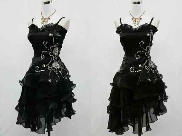 Süßes Ballkleid Spaghettiträger Burgund Kleines Schwarzes Organza Mit Silberperlen Partykleid Heimkehrkleider N3907