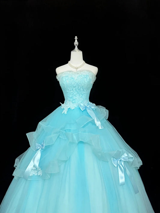 Blue Sweet 16 Dresses Long Ball Gown Strapless Lace Tulle Formal Sweet Sixteen Birthday Gown RC0243