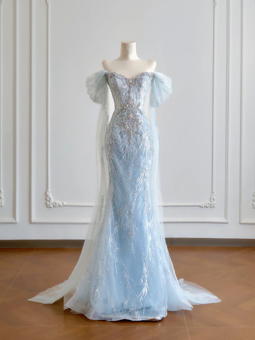Luxuriöses Meerjungfrauen-Abendkleid in Hellblau mit kurzen Ärmeln, schulterfrei, langes formelles Abendkleid für Geburtstagsfeiern, N379
