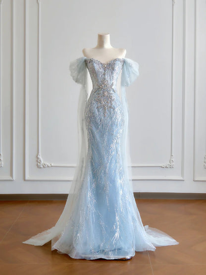 Luxuriöses Meerjungfrauen-Abendkleid in Hellblau mit kurzen Ärmeln, schulterfrei, langes formelles Abendkleid für Geburtstagsfeiern, N379