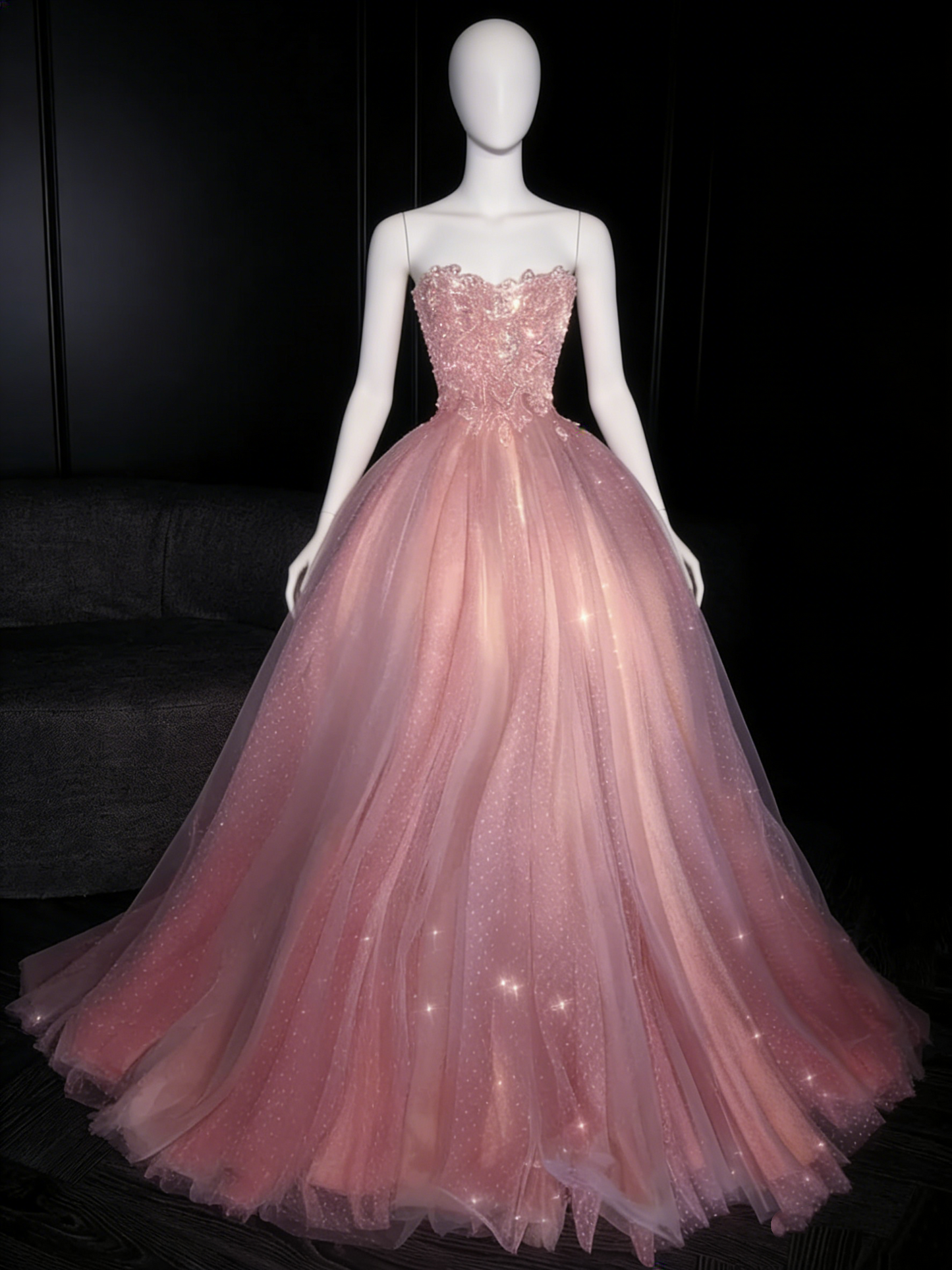 Robe de bal longue rose à pois, sans bretelles et pailletée, idéale pour une soirée formelle ou un 18e anniversaire (N735)