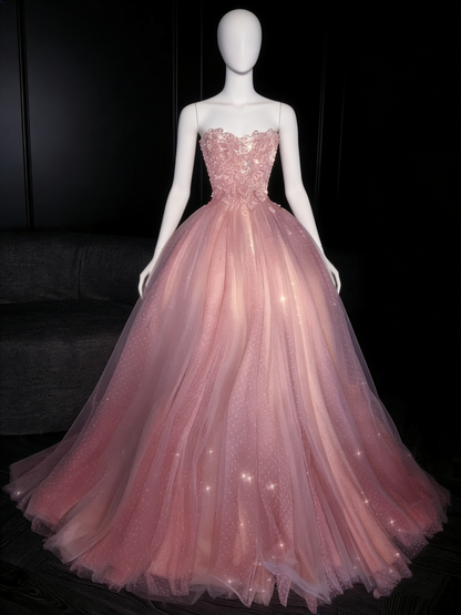Robe de bal longue rose à pois, sans bretelles et pailletée, idéale pour une soirée formelle ou un 18e anniversaire (N735)