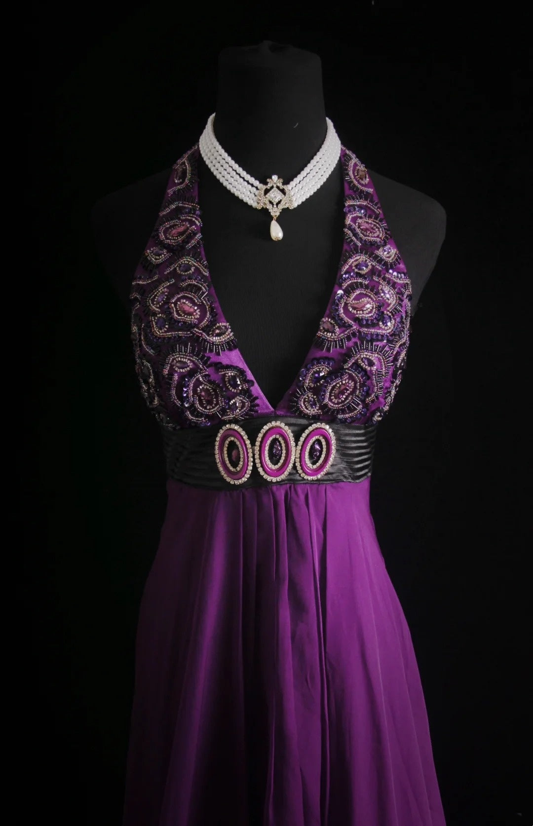 Robe de bal rétro trapèze dos nu en mousseline de soie couleur raisin avec perles, inspiration robe de princesse N774