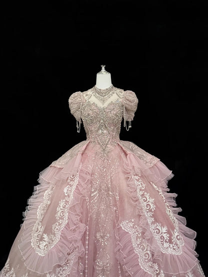 Langes Ballkleid für Sweet 16, herzförmiger Ausschnitt, Pink mit Spitzenapplikationen, Kleid zum 16. Geburtstag RC0320