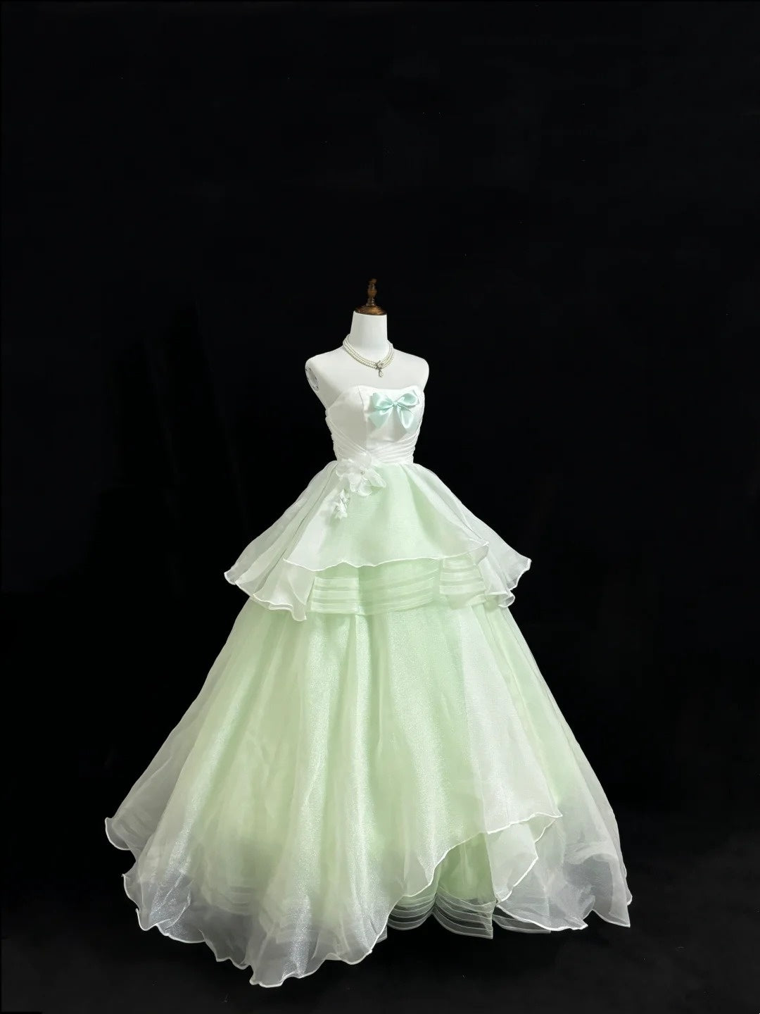 Sweet 15 Quinceanera Dress Ball Gown Strapless Mint Green With Flowers Tiered 15th Birthday Gown RC0231