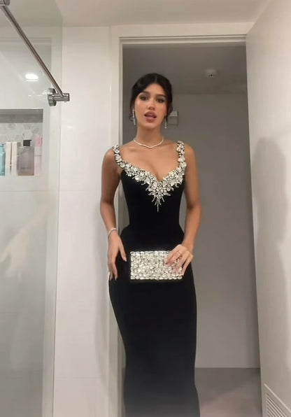 Robe de soirée sirène noire moulante élégante à décolleté cœur pour femme, longue, formelle, de bal, robe d'anniversaire pour femme de 16 ans, AB1221