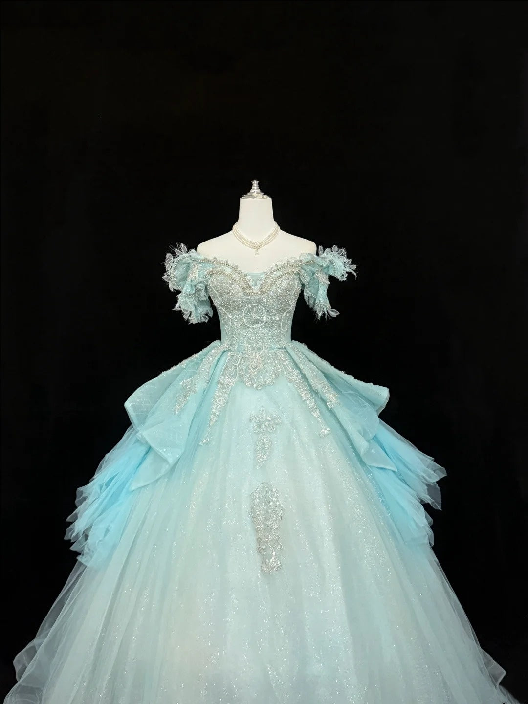 Sweet 15 Quinceanera Dress Ball Gown Off Shoulder Blue With Lace Appliques Tulle 15th Birthday Gown RC0261