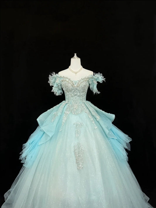 Sweet 15 Quinceanera Dress Ball Gown Off Shoulder Blue With Lace Appliques Tulle 15th Birthday Gown RC0261