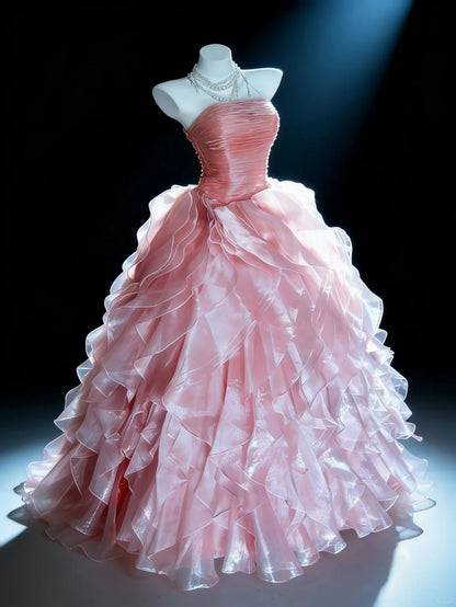 Cute Ball Gown Strapless Pink With Tiered Layers Ruffles Long Sweet 16 Gowns Prom Dresses N3038