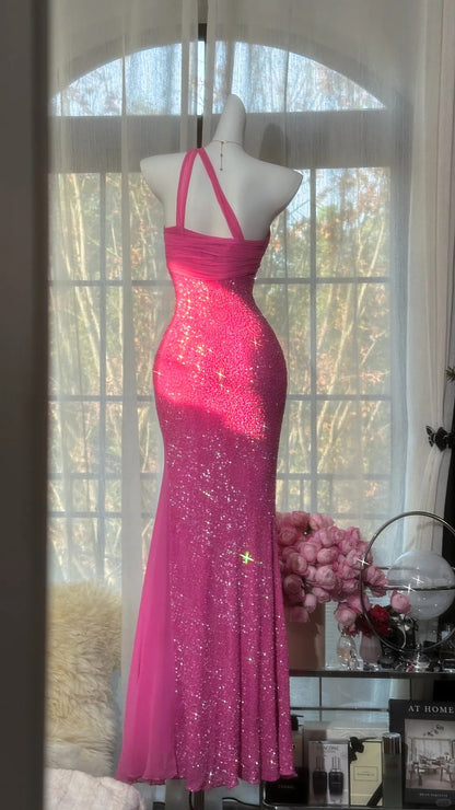 Robes de bal modestes sirène asymétrique en mousseline de soie rose longues tenues de soirée N3556