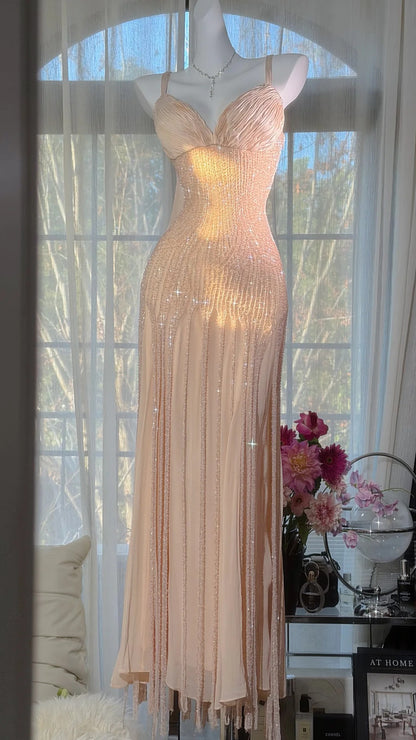 Robes de soirée modestes sirène à fines bretelles en mousseline rose poudré avec perles longueur ras du sol N3531