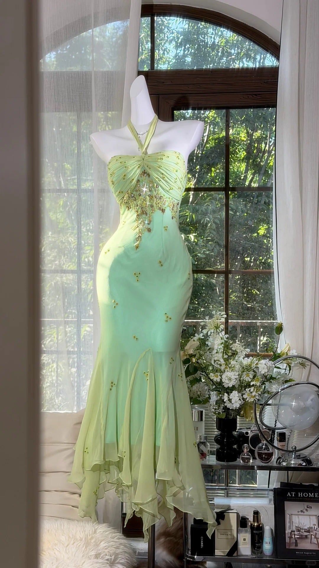 Classic Mermaid Halter Green Chiffon With Scarf Ankle Length Prom Dresses Inspo Formal Outfits RB4511