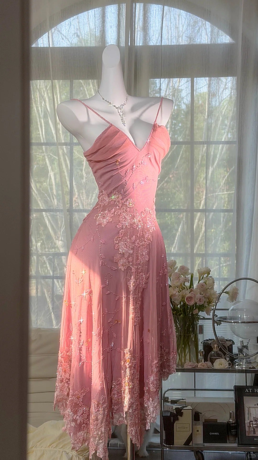 Élégantes robes de bal sirène à fines bretelles en mousseline rose, longueur genou, tenues de soirée formelles N3524