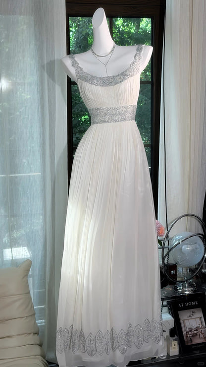 Flamboyant A Line Square Neck Chiffon White With Beaded Bodice Long Date Night Evening Outfit Formal Prom Dresses RB5278