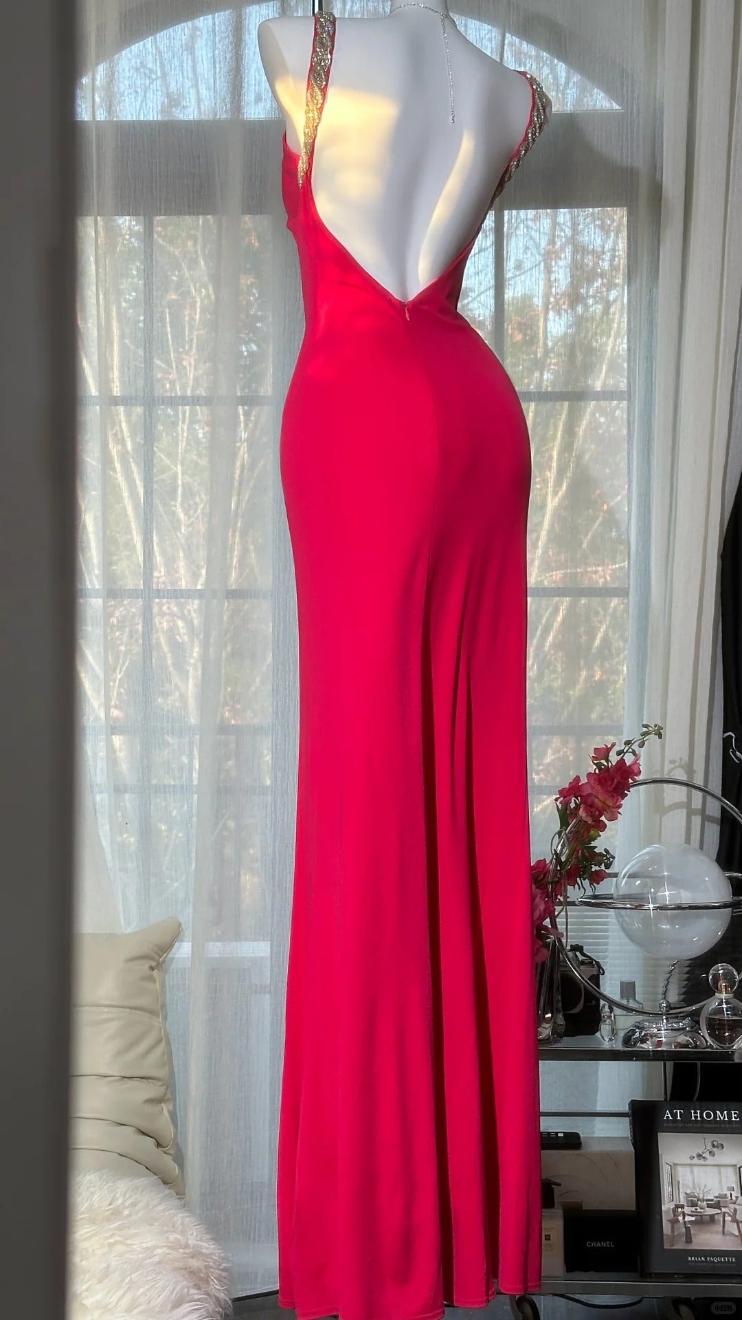 Robes de bal modestes sirène bretelles fines mousseline rouge avec perles longues tenues de soirée N3538