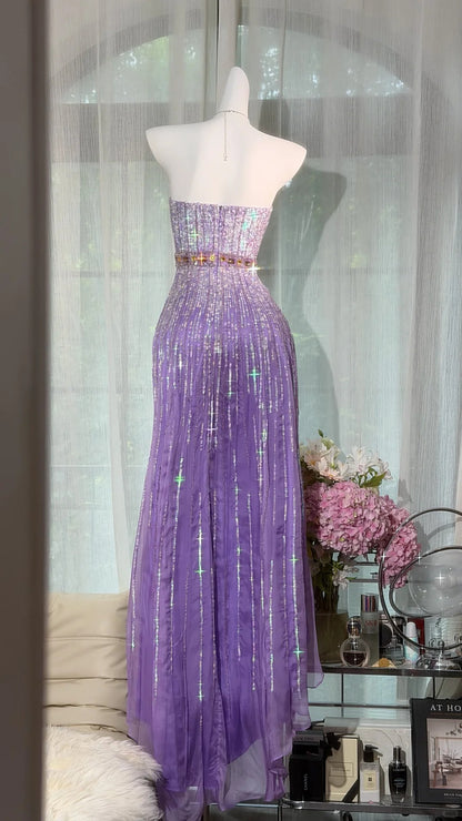 Sparkly Mermaid High Low Sweetheart Purple With Beading Prom Dress Formal Outfits Party Dresses RB7566