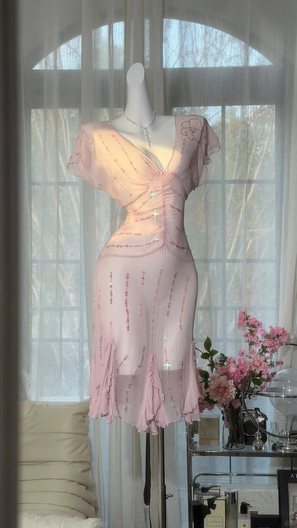 Robe courte en mousseline rose coupe droite à col en V, mignonne, idées pour un 16e anniversaire, tenues de bal de promo N3540