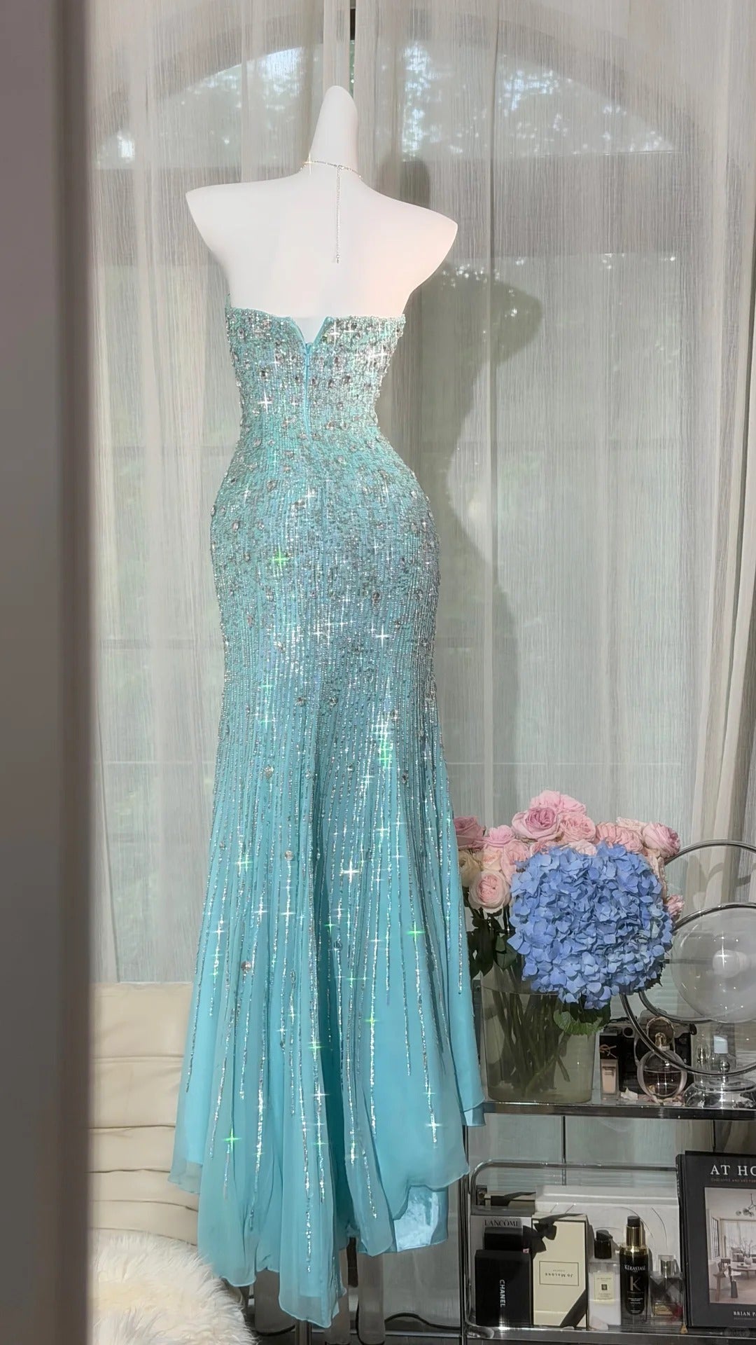 Klassische Meerjungfrau Sweetheart Blau Chiffon Mit Silberperlen Bodenlang Abschlussballkleider Inspo Formelle Outfits RB4508