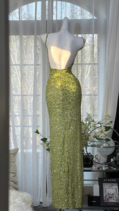 Charming Prom Dresses Mermaid Spaghetti Strap Sequin Green Floor Length Evening Outfits N3546
