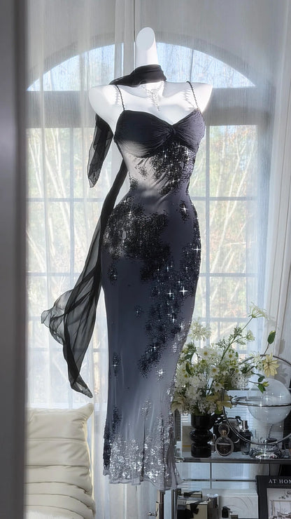 Ravissantes Robes de Bal Sirène à Bretelles Fines, en Mousseline Noire, Longueur Thé, Tenues de Soirée N3555