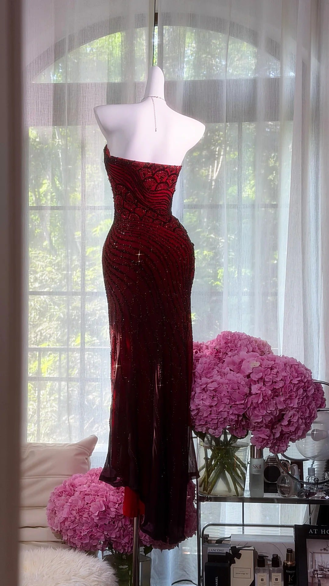 Prom Dress Mermaid Strapless Burgundy Chiffon Beaded Floor Length High School Graduation Party Dresses RC1099