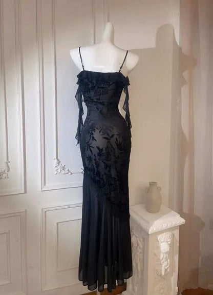 Vintage Mermaid Spaghetti Straps Black Lace Prom Dresses Formal Dress 18th Birthday Outfits Prom Gown RA076