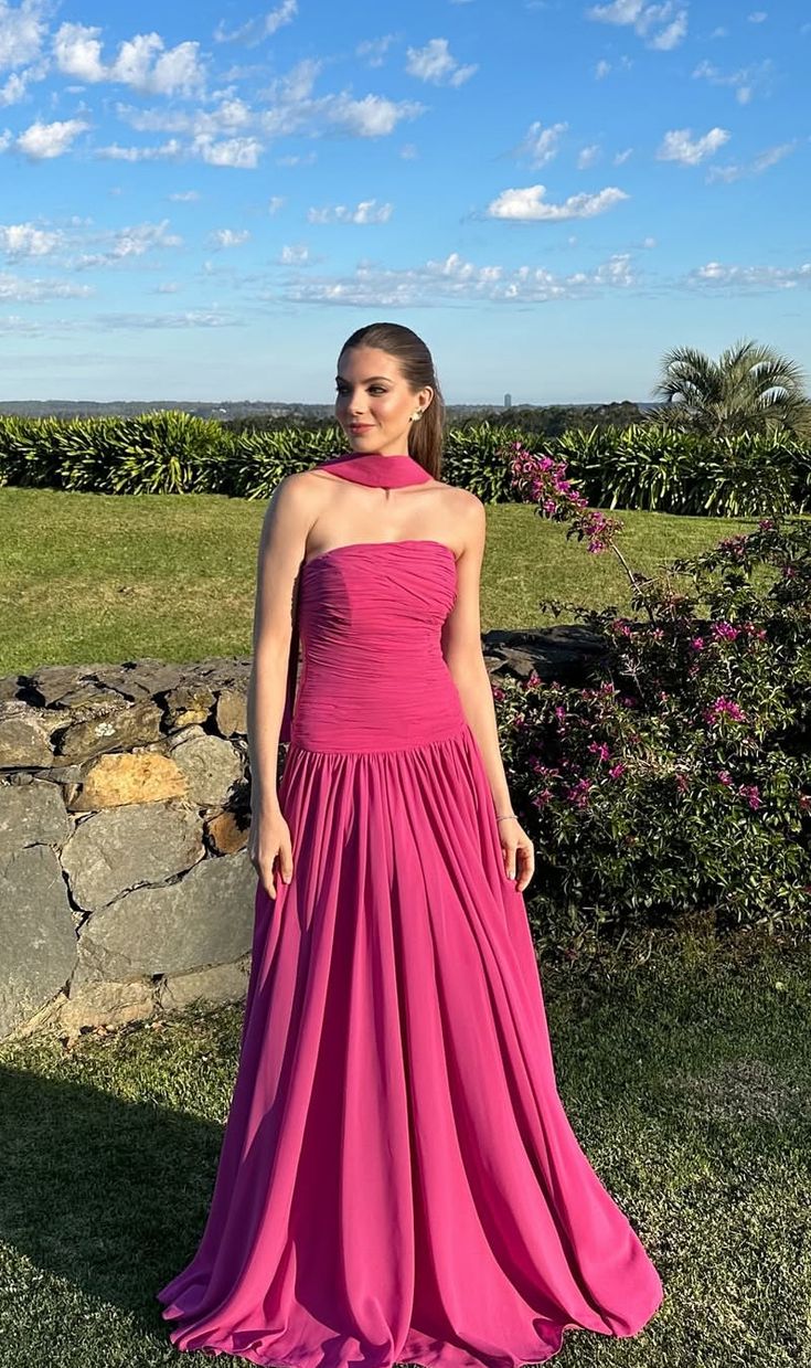 Gorgeous Hot Pink Strapless Sleeveless Chiffon Prom Dresses Ruffles Sheath Prom Gown With Scarf AB214