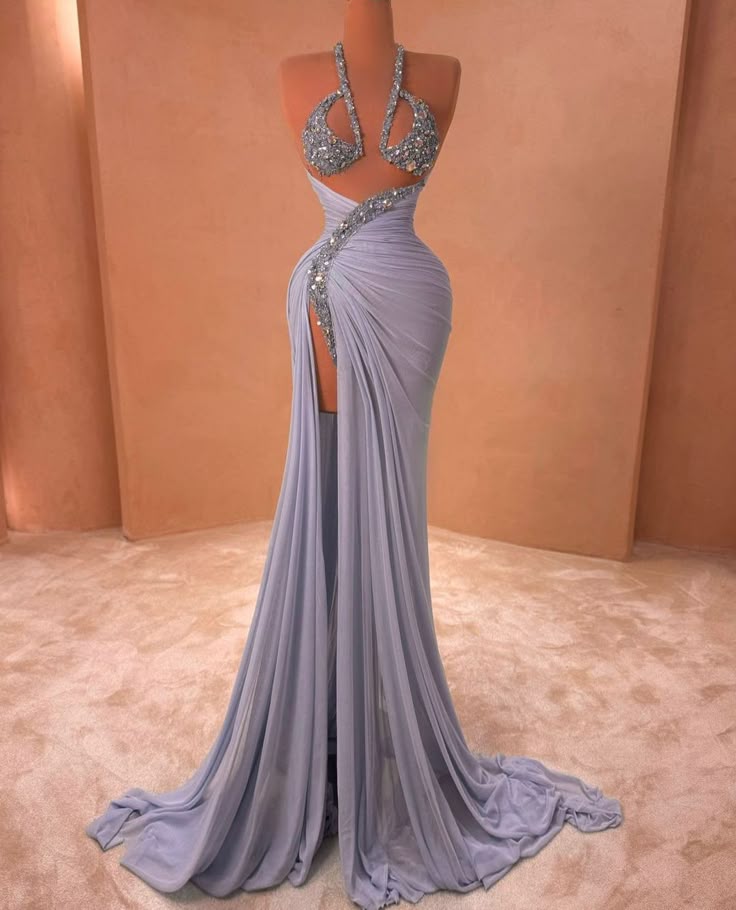 Robe de soirée moulante sirène bleue fendue en mousseline, style dos nu, idéale pour les fêtes et les bals de promo (AB1197)