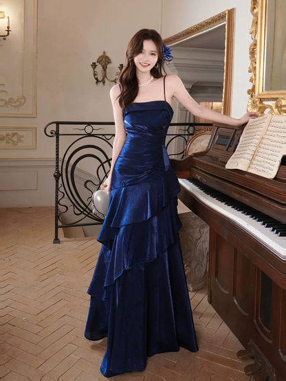 Robe de bal longue sirène bleu roi en satin à fines bretelles, style princesse, idéale pour un 18e anniversaire ou une remise de diplôme (N877)