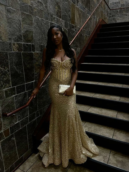 Robe de bal longue sirène à sequins dorés, dos lacé, pour femmes noires grandes tailles N828