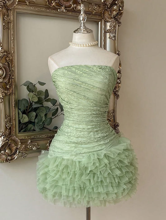 Sweet Sheath Mint Green Lace Strapless Short Mini Birthday Party Homecoming Dresses RB6306