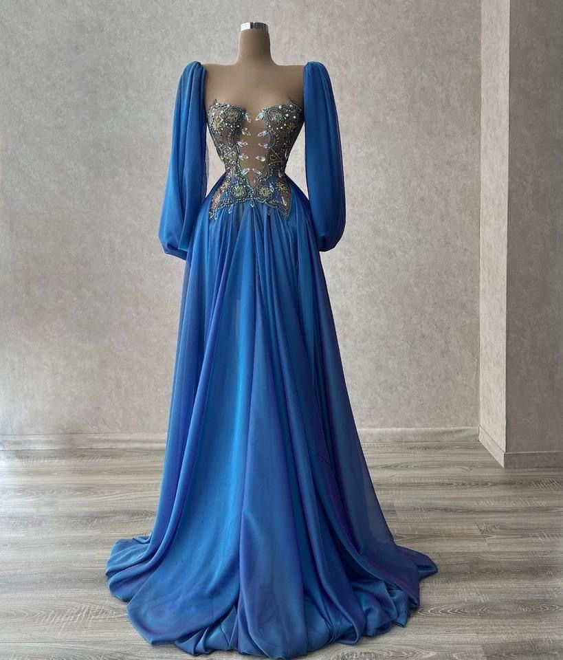 Inspiration für Abiballkleider für die Oberstufe: A-Linien-Kleid aus königsblauem Chiffon für Teenager (AB1943)