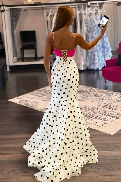 Robe de bal sirène à pois et bretelles spaghetti, ornée d'un nœud, idéale pour un anniversaire (AB2310)