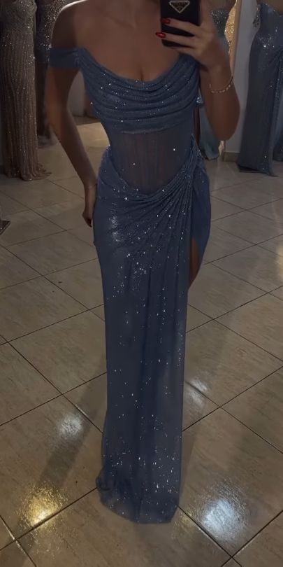 Funkelndes Meerjungfrauen-Abendkleid mit schulterfreiem Ausschnitt, blauen Pailletten und langem Schlitz, festliche Abendkleider, Ballkleider AB653