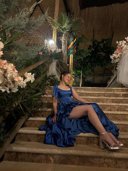 Custom Dark Blue Satin Corset Prom Dress Ruffle Princess Gown Elegant Evening Gowns with Slits AB652