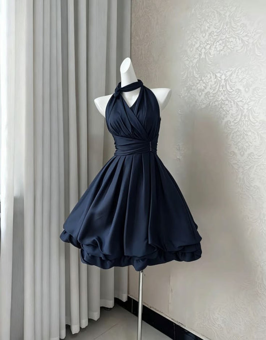 Elegant Party Dress Ideas for Women Chic Navy Blue Satin Homecoming Outfit Inspo Hoco Outfits RB8737