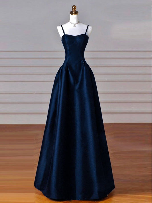 Einzigartiges marineblaues Satin-Abendkleid in A-Linie mit langem Korsett und tailliertem Rückenausschnitt (Vestidos De Dia AB519)