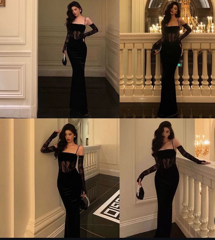 Robe de bal longue sirène élégante en satin noir à fines bretelles et dentelle, robe de soirée tendance pour femme AB1524