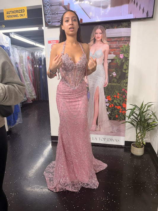 Glänzendes Meerjungfrau-Halter-Kleid in Pink mit Perlen für den Abschlussball für Teenager Formelles Abendkleid Party-Outfits RB3013