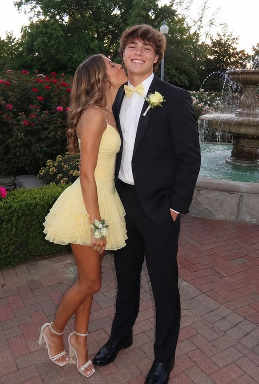 Simple Hoco Photo Ideas Ball Gown Spaghetti Straps Yellow Chiffon Short Homecoming Dresses Party Cocktail Hoco Outfits RB8900