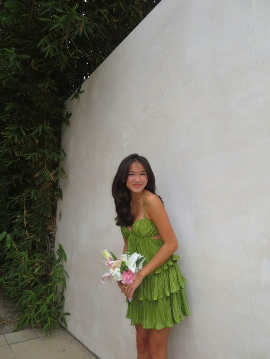 Simple Hoco Photo Ideas A line Green Spaghetti Straps Chiffon Short Homecoming Dresses Party Cocktail Hoco Outfits RB8901