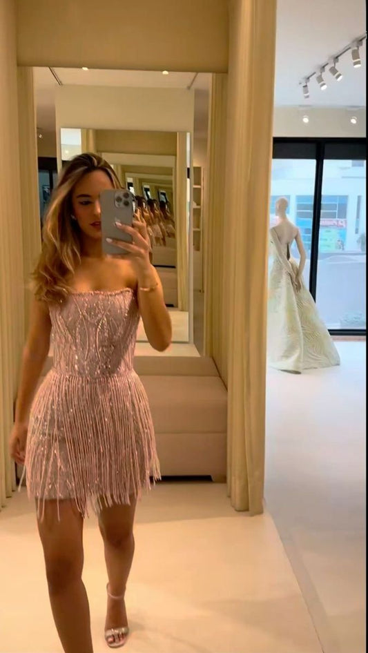Shimmering Sheath Strapless Pink Sequin Dress With Tassels for Prom Night Homecoming Dresses RB6309