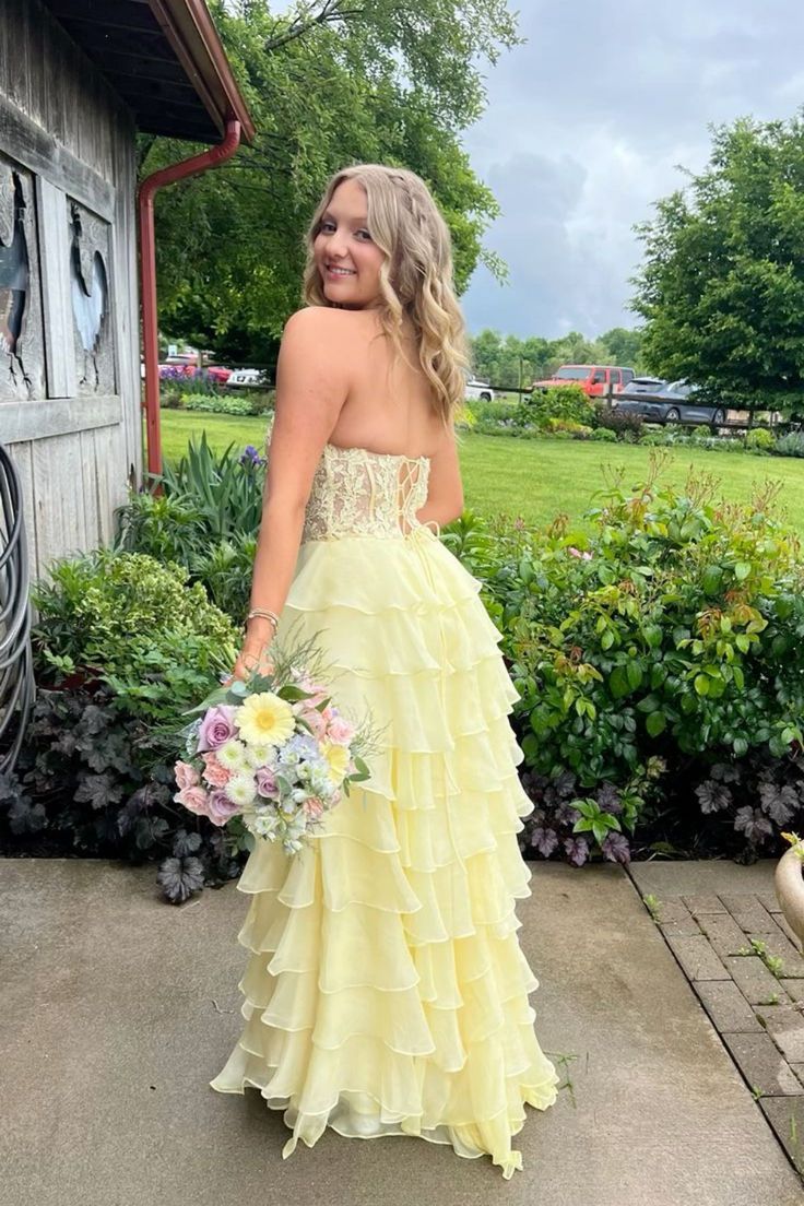 A line Sweetheart Pale Yellow Chiffon Flowy Ruffle Long Formal Gowns Prom Dresses Evening Dress AB711